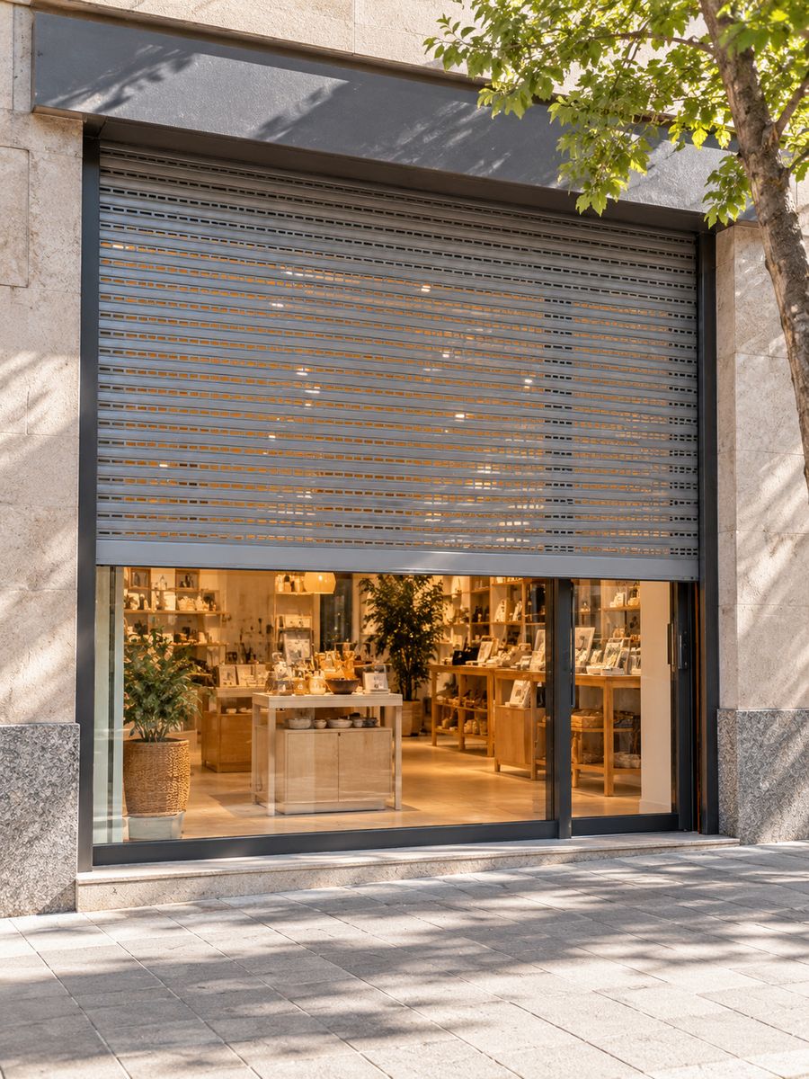 Cierre metálico microperforado a media altura en la fachada de una tienda, con el escaparate iluminado detrás