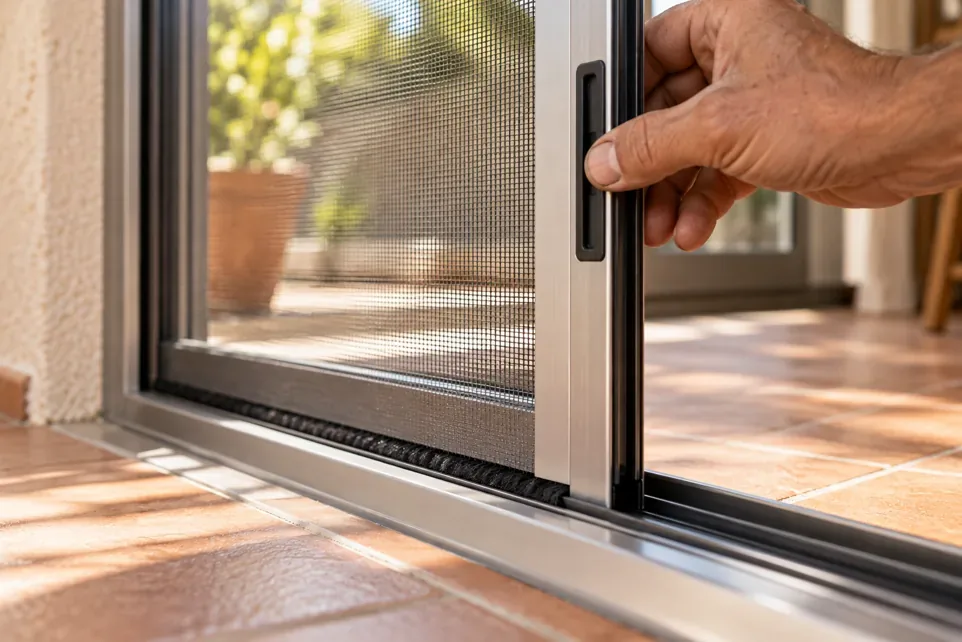 Cajón de una mosquitera enrollable montado sobre el hueco de una ventana