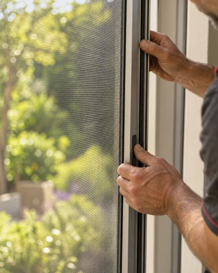 Malla de mosquitera tensada en su perfil de aluminio con el jardín desenfocado al fondo