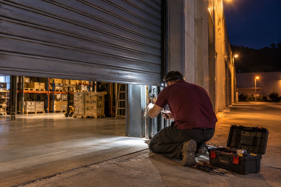 Técnico de espaldas reparando de noche el cierre metálico de una nave, bloqueado a media altura