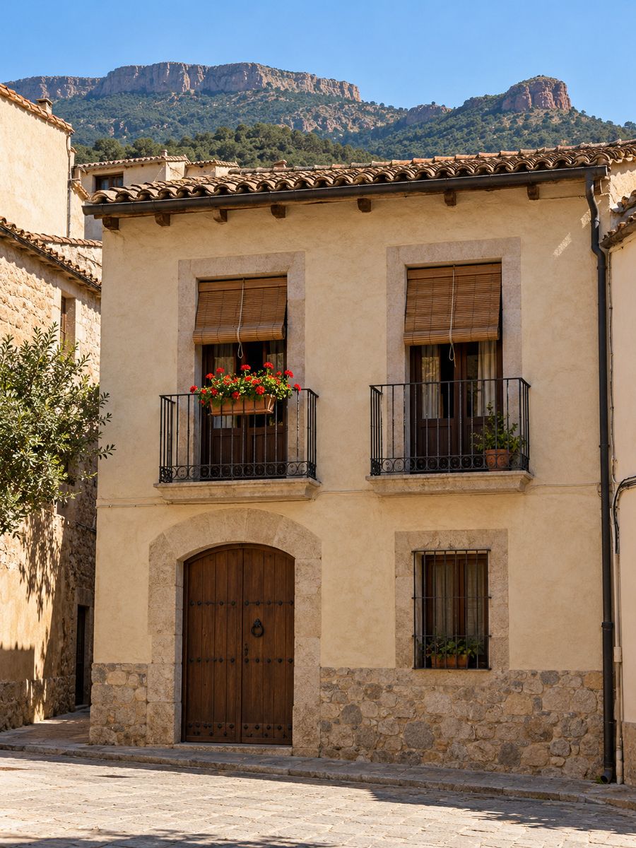 Fachada de una casa con persianas alicantinas de madera y la montaña de La Mola al fondo